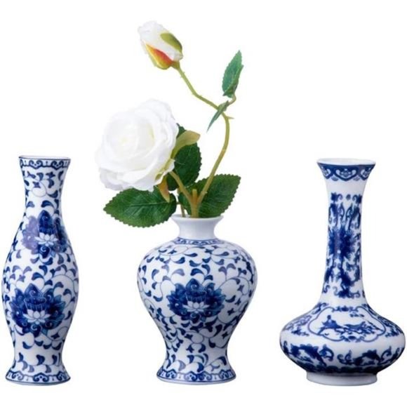 Set of 3 Small Blue &White Porcelain Vases, Fambe Glaze Porcelain Vases Set of 3 - Picture 1 of 6
